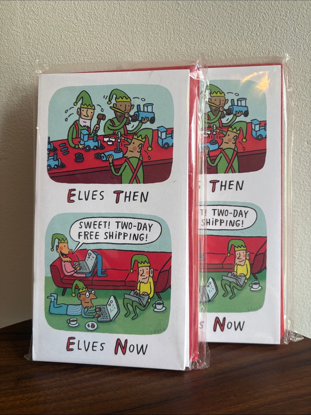 Holiday Greeting Cards - 'Elves Then, Elves Now' in Red & Green